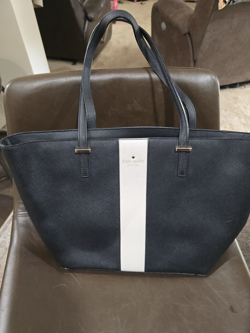 kate spade navy and white vertical stripe leather tote